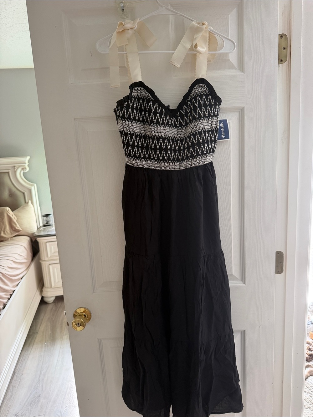 Blu Pepper Black Maxi Dress with White Zigzag Smocked Bodice